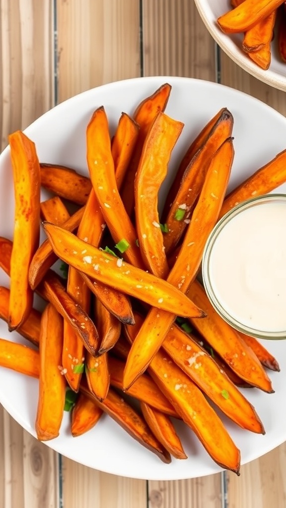 Crispy air fryer sweet potato fries served with a dipping sauce on a wooden table.